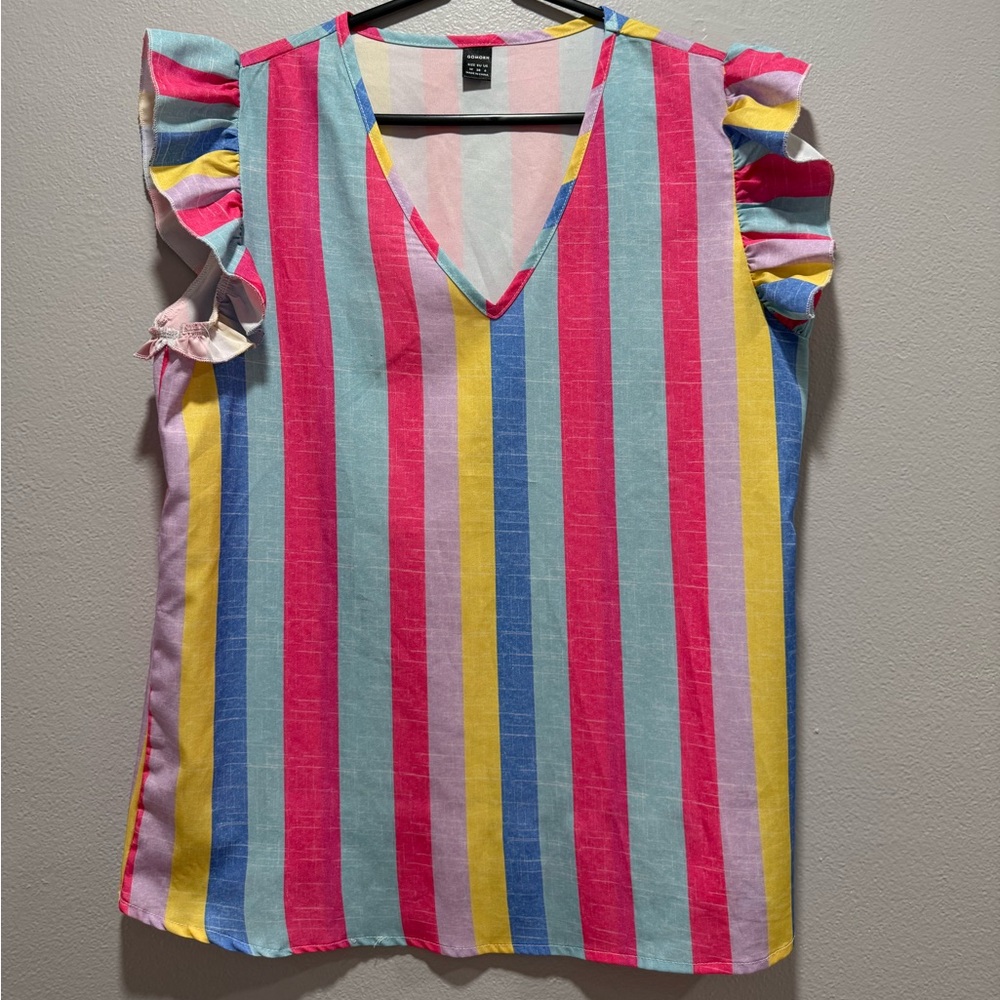 Striped Multicolor Ruffle Sleeve Top - Picture 2 of 3